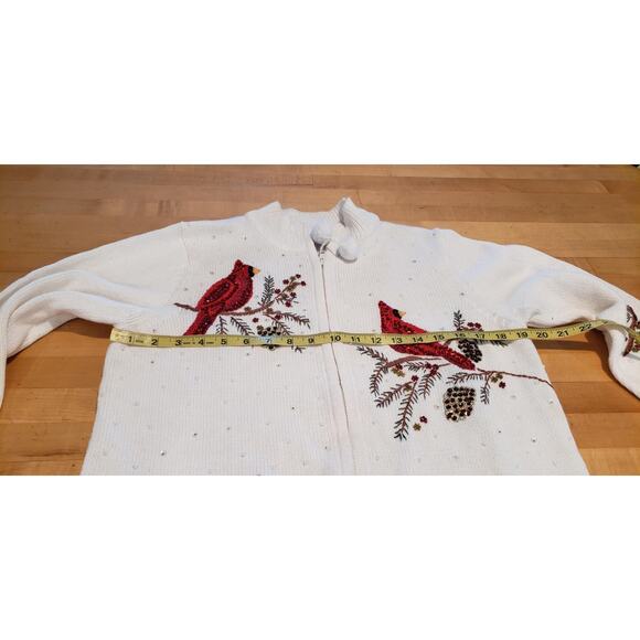 Quacker Factory Sweater Christmas White Zip Cardigan Sequin Cardinals sz 8 - Picture 12 of 15